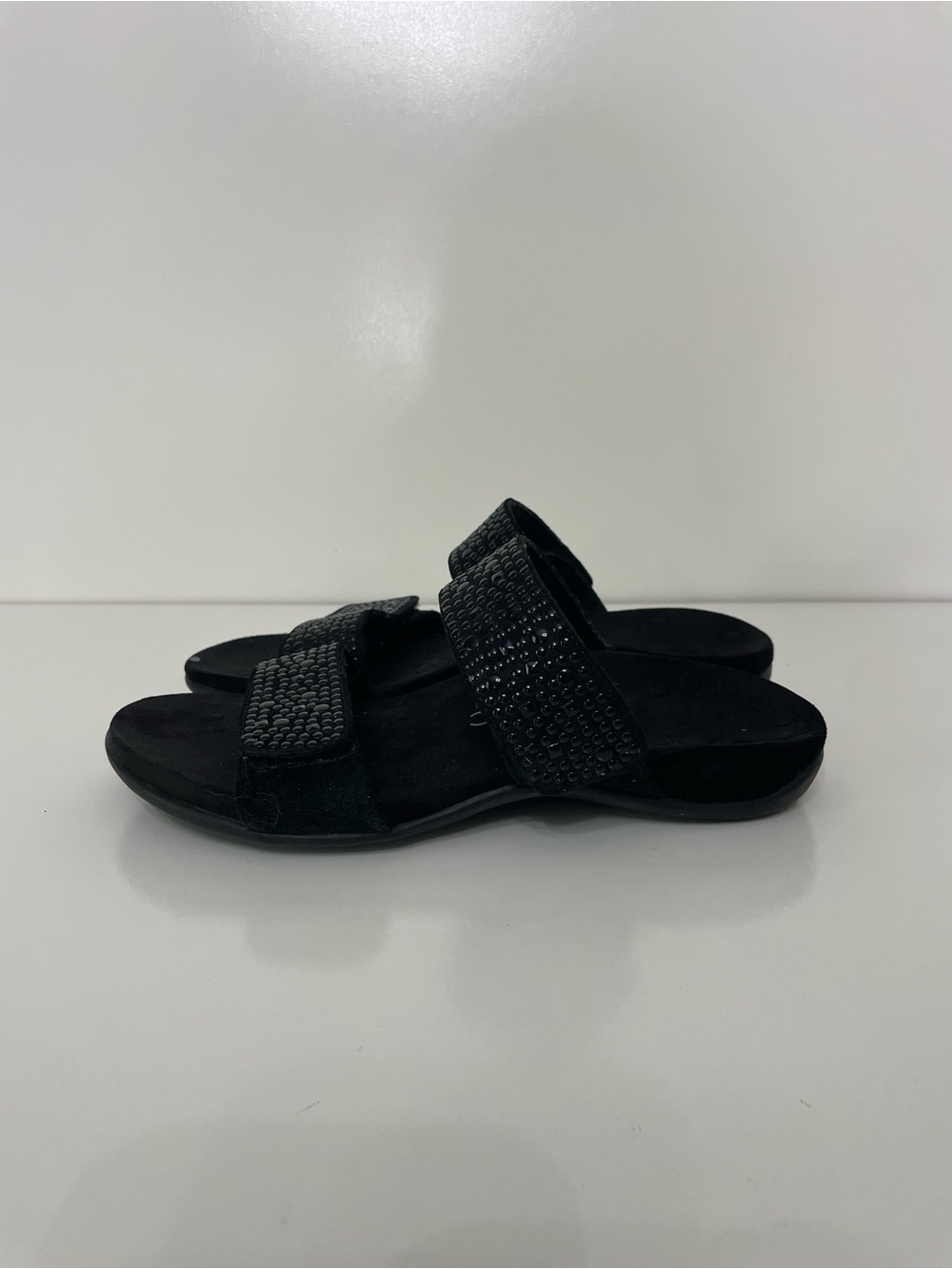 Vionic Black Leather Samoa Jeweled Slide Sandals Womens 6 MCBling